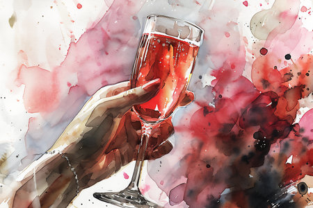 Female hand holding flute of rose champagne against the painted multicolor background in a vintage style. Creative composition with copy space. Generative AI.の素材