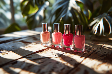 Four bottles of colorful nail polish in shades of pink and peach color with tropical leaves on sunlit wooden background. Professional manicure concept. Generative AI.の素材