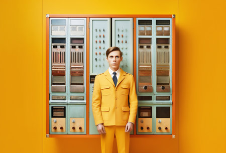 Man wearing yellow uniform suit standing in front of control panel. Minimalistic illustration in retro futuristic style. Generative AI.の素材