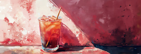 Minimalistic illustration featuring sunlit cold summer iced coffee, tea or lemonade in tall glass on magenta background. Cafe menu concept or drinks design project. Web banner. AI generated.の素材