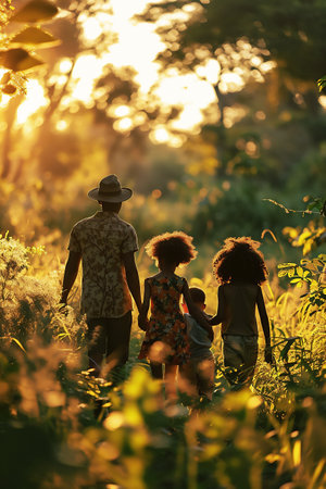 Family consisting of dad and three children enjoying summer day outdoors. Design for advertisements promoting family-friendly products or services. Generative AI.の素材