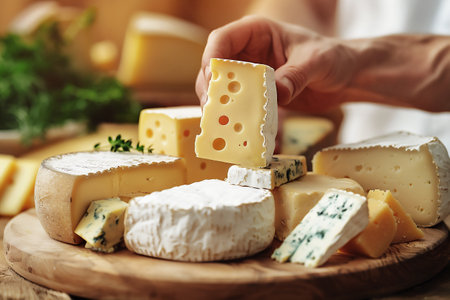 Close-up shot of man hand holding a piece of organic cheese surrounded by an assortment of cheeses on display. Small cheese dairy business concept. Generative AI.の素材
