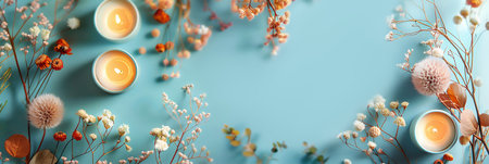 Autumn flat lay composition with candles and dried flowers on a pastel blue background. Great design with copy space. Generative AI.の素材