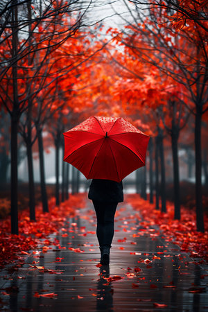 Woman holding umbrella walking through an empty park with vivid red leaves under rainy sky. Autumn melancholy vibe concept. Generative AI.の素材