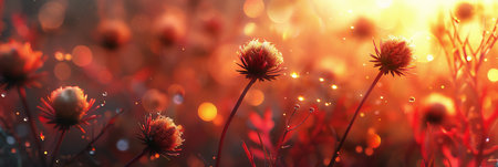 Autumn flowers of vibrant colors and intricate details in cinematic sunset lighting. Great backdrop for your design. Generative AI.の素材