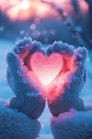 In a serene winter setting, two hands encased in mittens cradle a softly glowing heart made of ice, surrounded by fresh snow and a pastel sunset.の素材