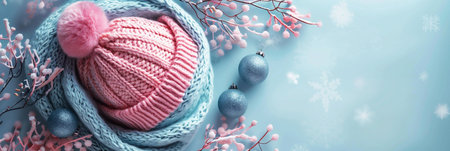 A pink knitted hat lies atop a light blue scarf surrounded by decorative winter elements like silver ornaments and delicate pink branches, creating a festive atmosphere.の素材