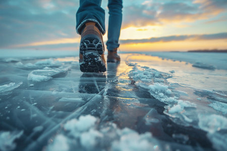 A person walks on a frozen lake, surrounded by ice and snow, as the sun sets on the horizon. The tranquil atmosphere showcases the magic of winter while highlighting nature beauty.の素材