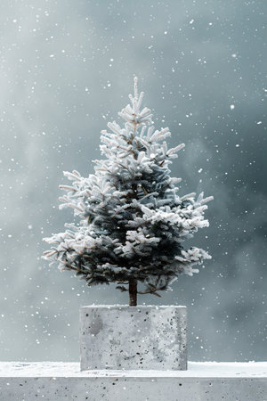 A decorated evergreen tree with frost-laden branches is showcased in a gray concrete pot. Snowflakes gently fall around the tree, creating a serene winter atmosphere.の素材