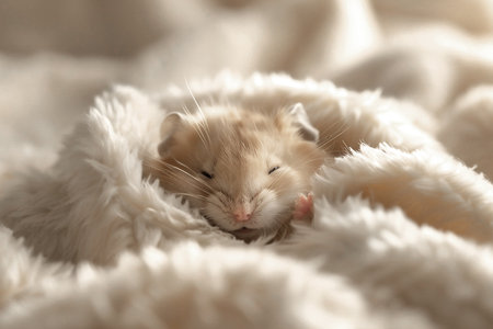 A small hamster sleeps peacefully, wrapped in a soft, fluffy blanket. Its tiny face shows contentment, embodying a tranquil moment in a warm environment.の素材