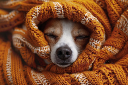 A small dog, covered in a vibrant orange knitted blanket, is peacefully resting with its eyes closed. The cozy atmosphere suggests a quiet evening indoors, perfect for relaxation.の素材