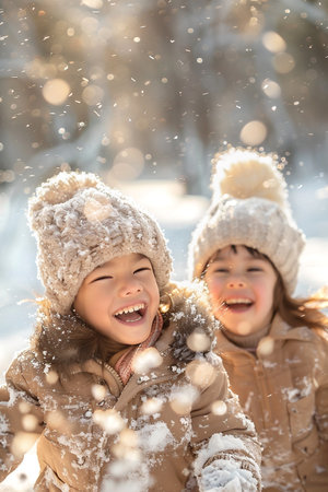 Two children with warm hats enjoy a playful moment in the snow, surrounded by a sparkling winter atmosphere. Their joyful expressions reflect happiness and friendship.の素材