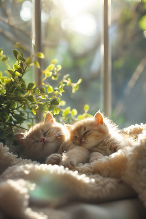 Two fluffy kittens curl up together on a cozy blanket, basking in warm sunlight filtering through a window, with lush green plants nearby.の素材