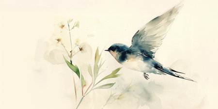 A swallow bird gracefully flutters near ethereal flowers, showing vibrant colors and gentle brush strokes. This artwork embodies the beauty of nature in a serene moment.の素材