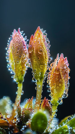 Budding flower stems are adorned with tiny water droplets, capturing the soft morning light. The vibrant green and pink colors contrast beautifully against a blurred background.の素材