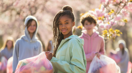 Young children wearing colorful jackets engage in a community clean-up, holding bags filled with litter while enjoying a sunny spring day surrounded by blooming cherry blossoms.の素材
