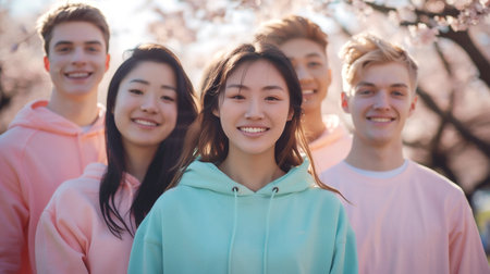 A cheerful group of five young friends stands together under blooming cherry blossom trees, wearing colorful hoodies. They smile warmly, enjoying a beautiful spring day in the park.の素材