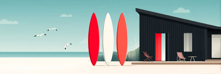 Colorful surfboards lean against a stylish black beach house. White sand stretches toward the calm ocean, while seagulls fly overhead on a beautiful sunny day.の素材
