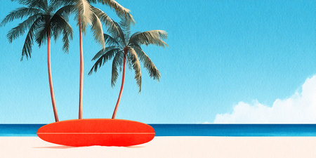 Bright beach features a striking red surfboard resting on the sand beneath tall palm trees. The tranquil ocean waves ripple gently and a vibrant sky provides a perfect backdrop.の素材