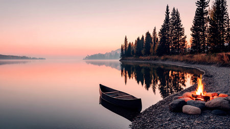 A tranquil lakeside setting at dawn features a glowing campfire beside smooth stones. A solitary canoe rests on the shore, surrounded by trees and calm water reflecting soft colors of the sky.の素材