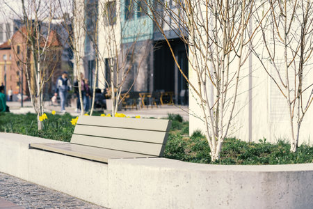 A concrete bench stands in a vibrant urban park, surrounded by budding trees and blooming daffodils as people walk by on a sunny spring day, creating a lively atmosphere.の写真素材