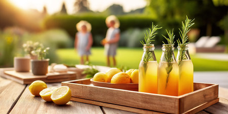 Glass bottles filled with fresh lemonade, surrounded by lemons and herbs on a wooden tray, in a sunny garden with children playing, creating a vibrant summer atmosphereの素材