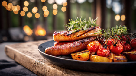 Grilled sausages on wooden platter accompanied by roasted vegetables and fresh herbs, set in an outdoor dining scene with warm bokeh lights enhancing the ambianceの素材