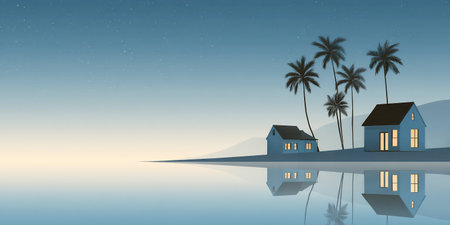 Peaceful scene with two blue houses reflecting in calm water, framed by palm trees against a starry night sky, creating a tranquil and serene ambiance for relaxation and inspirationの素材