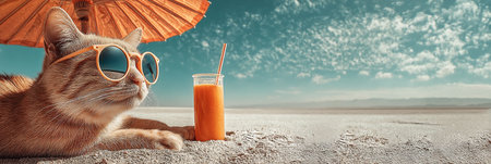 Feline with golden fur and stylish sunglasses is lounging under an orange umbrella on a sandy beach, with a refreshing drink nearby, capturing a relaxed summer atmosphere and playful spiritの素材