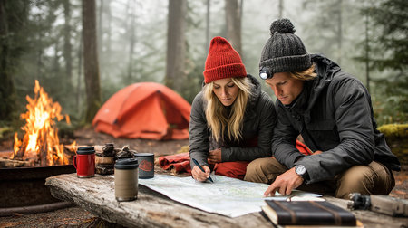 Two campers, a man and a woman, are focused on a map at a campsite with tents and a campfire, surrounded by tall trees in a misty forest, highlighting outdoor adventure and teamworkの素材