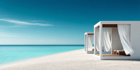 Two contemporary beach cabanas with flowing white curtains are positioned on a sandy shore, overlooking tranquil turquoise waters and a clear blue sky, creating a peaceful vacation ambianceの素材
