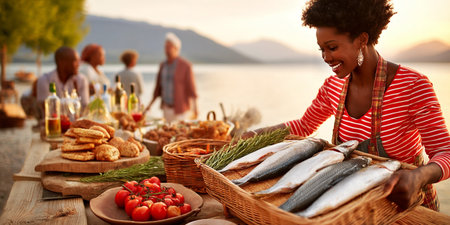 Smiling woman is arranging fresh fish on a wooden table at an outdoor market by the lake, surrounded by colorful produce and a lively atmosphere, highlighting culinary traditions and community spiritの素材
