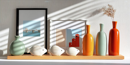 Aesthetic arrangement of vases in various colors, ceramic fish, and framed art pieces on a wooden shelf, enhanced by natural light casting soft shadows, creating a cozy ambianceの素材