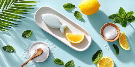 A vibrant scene featuring a fish-shaped soap alongside fresh lemon slices, mint leaves, and salt, all set against a light blue background, evoking a refreshing and calming ambianceの素材