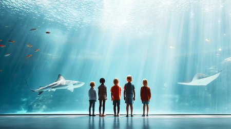 A diverse group of children stands in awe at an aquarium, watching sharks and rays glide through the water, illuminated by beams of sunlight, creating a magical underwater atmosphereの素材