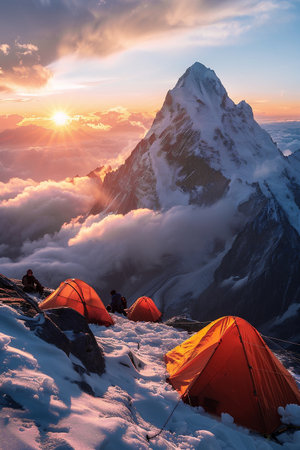 Stunning mountain scene featuring vibrant orange tents set against a backdrop of snow-covered peaks and clouds, illuminated by a warm sunset glow, capturing the essence of outdoor adventureの素材