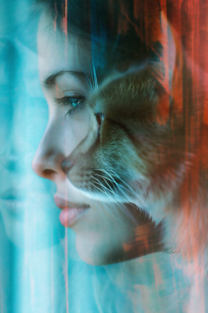 A captivating portrait features a young woman with a cat overlay, creating a surreal blend of human and animal characteristics, set against a colorful, abstract background with soft texturesの素材