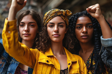 Three women of mixed races stand together with raised fists, dressed in colorful attire, embodying empowerment and solidarity in a vibrant protest atmosphereの素材