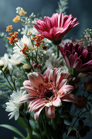 A vibrant bouquet of assorted flowers showcases pink and white daisies alongside delicate wildflowers and lush greenery, creating an eye-catching floral arrangement perfect for enhancing any decorative settingの素材