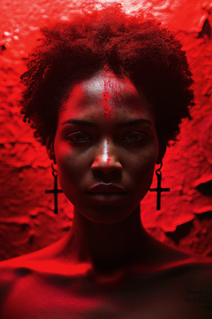 Strong African American woman with natural hair, wearing cross earrings, stands confidently against a striking red background, showing casing empowerment and artistic expressionの素材