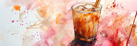 Watercolor illustration features a refreshing beverage in a glass filled with ice cubes, surrounded by colorful splashes, creating a lively atmosphere that evokes summer vibes and artistic expressionの素材
