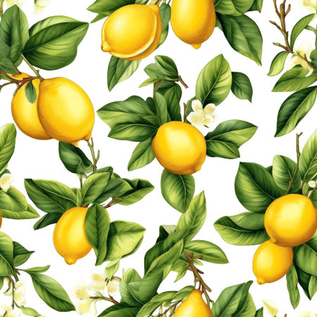 This seamless pattern showcases bright yellow lemons intertwined with green leaves, offering a refreshing and cheerful aesthetic perfect for various design applicationsの素材