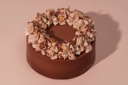 Round bento cake showcases rich chocolate frosting adorned with whipped cream, nuts, and chocolate...
