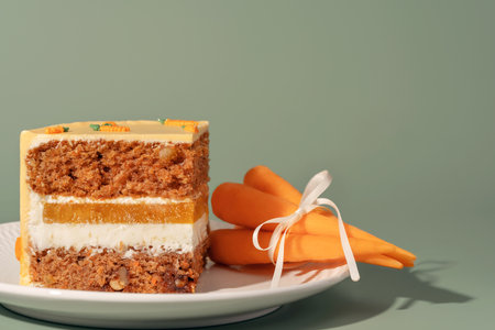 Bento cake with layers of moist carrot, vibrant orange, and sweet mango, elegantly displayed on a...