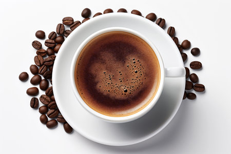 Freshly brewed coffee served in a white cup, surrounded by scattered roasted coffee beans on a clean surface, creating a warm and inviting atmosphere for coffee loversの素材