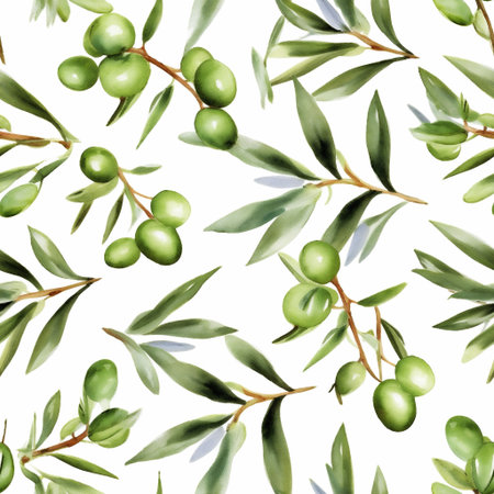 This seamless pattern showcases lush green olive branches and leaves against a clean white backdrop, perfect for various design applications and creative endeavorsの素材