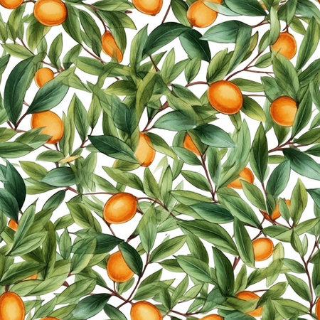 This seamless pattern showcases bright orange fruits intertwined with lush green leaves, creating a vibrant and lively botanical design perfect for various creative applicationsの素材