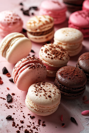 Colorful macarons in various flavors are beautifully arranged on a pink background, surrounded by chocolate pieces and decorative elements, creating a delightful and inviting dessert sceneの素材