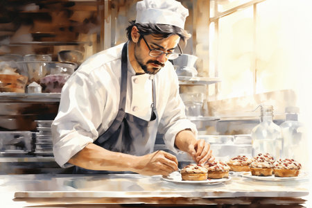 Male pastry chef in a white uniform is focused on decorating cupcakes in a bright bakery, with sunlight illuminating the workspace and showing the delicious baked goods on displayの素材