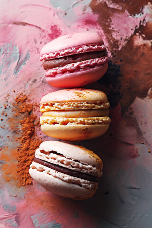 Colorful macarons arranged in a stack on a vibrant textured background, highlighting the intricate details and appealing colors of these delightful pastries, perfect for dessert lovers and food photographyの素材